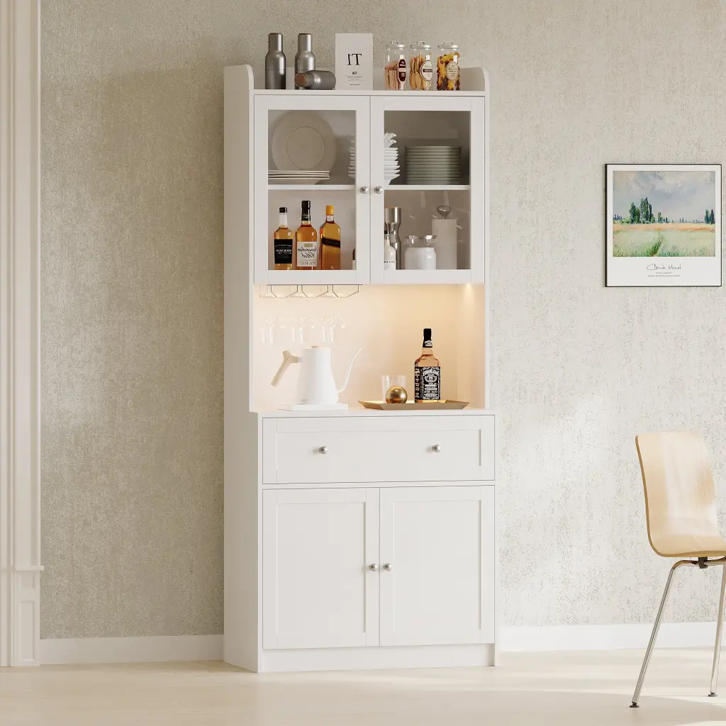 75.2 Inch Tall Kitchen Pantry Storage Cabinet LED Lights and USB Charging Station memory valley
