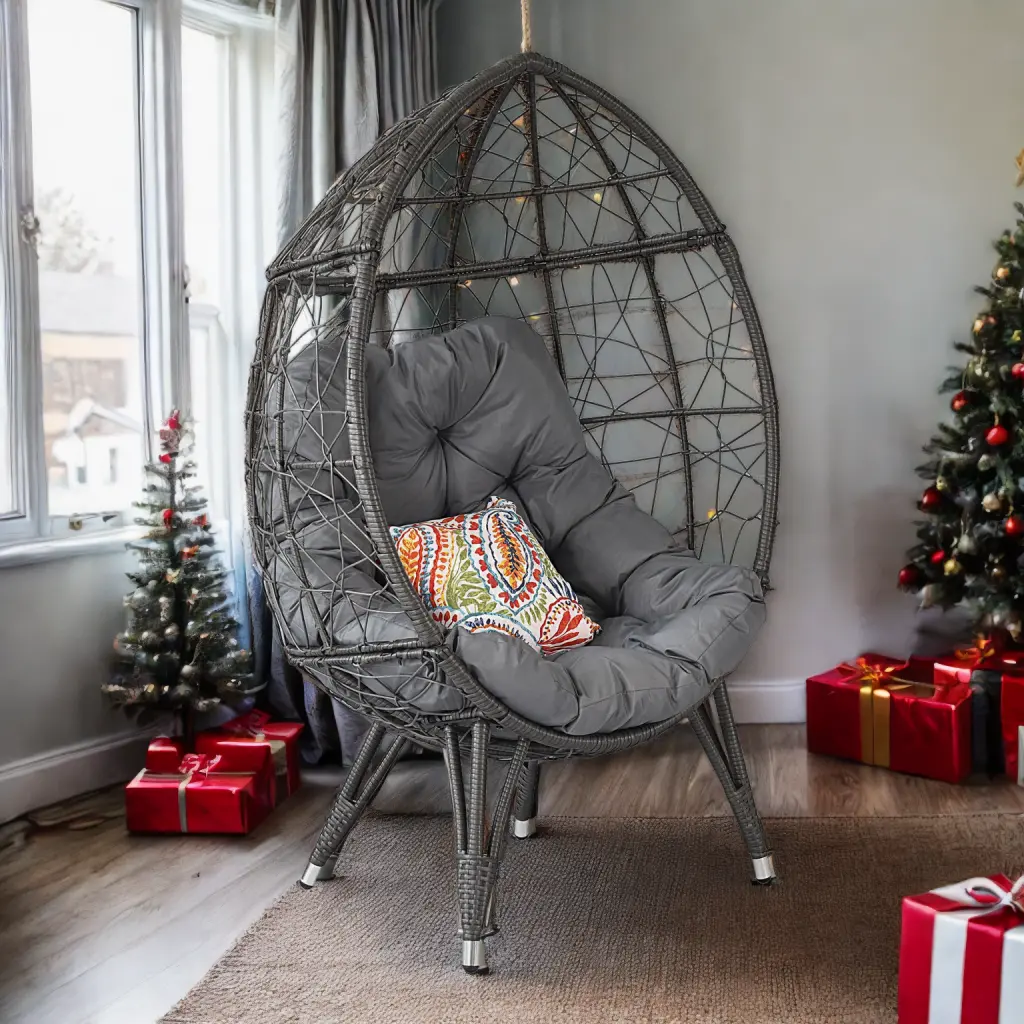 Outdoor Patio Wicker Egg Chair Indoor Basket Wicker Chair Grey Cushion w2071