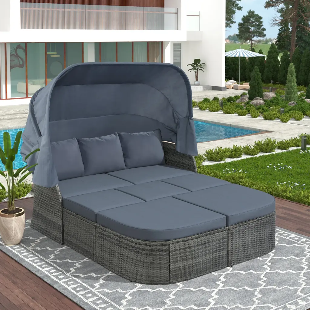 Outdoor Patio Daybed Sunbed Retractable Canopy and Convertible Design u_style