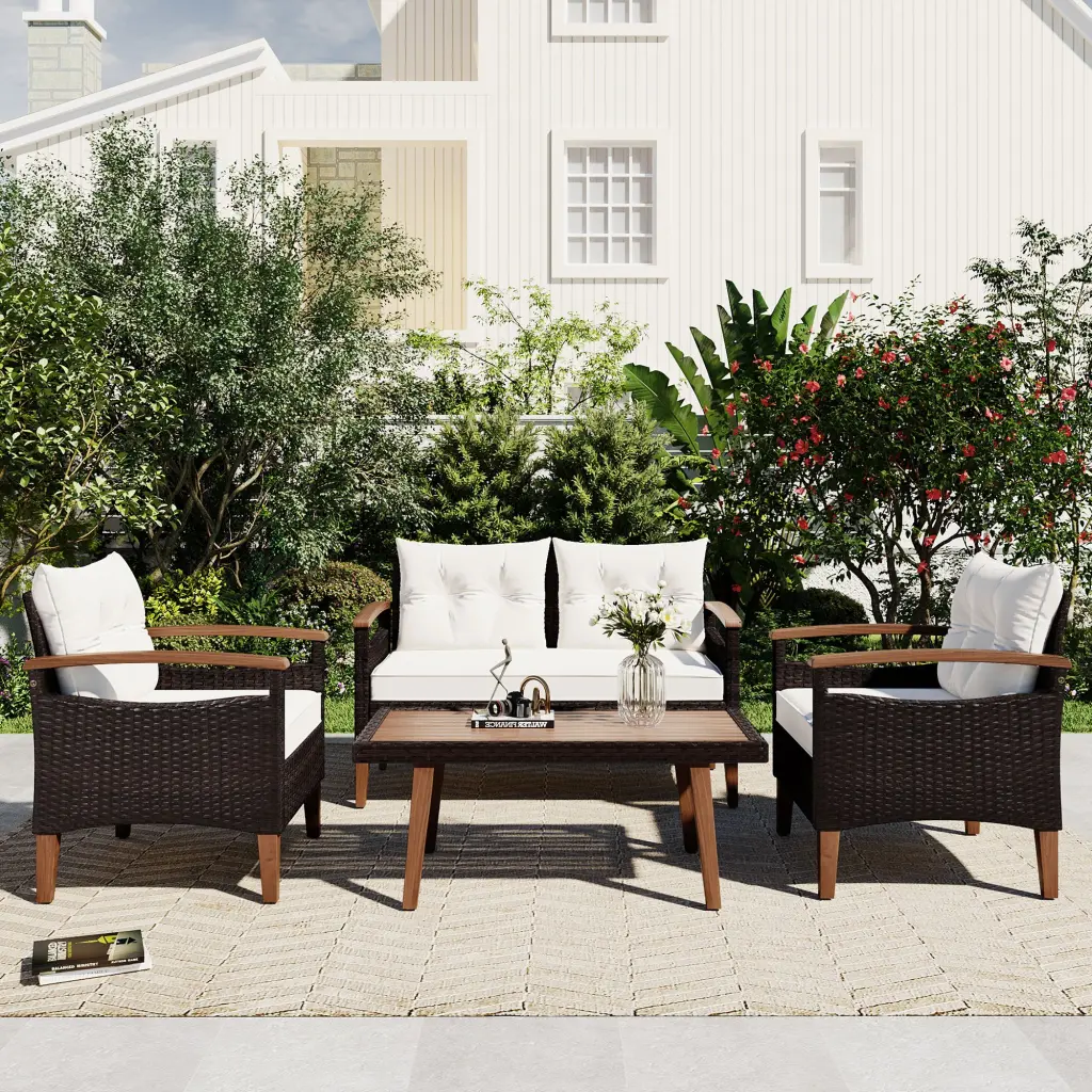 4 Piece Garden Patio Seating Set PE Rattan Outdoor Sofa Home Decor go
