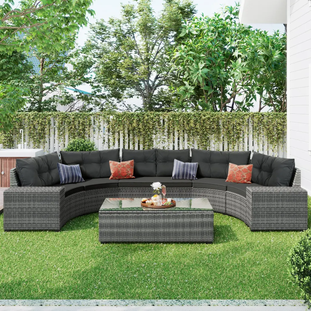 8 Piece Outdoor Wicker Round Sofa Set Half Moon Sectional Patio Furniture go