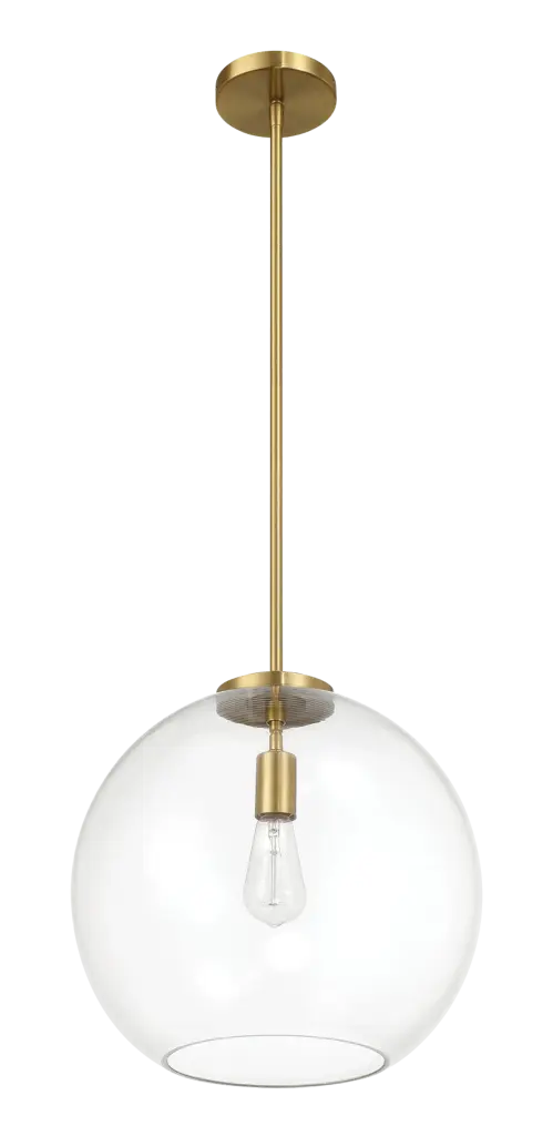 Gleam Single Light Pendant Lamp Clear Globe Glass Satin Brass Finish ashcroft furniture