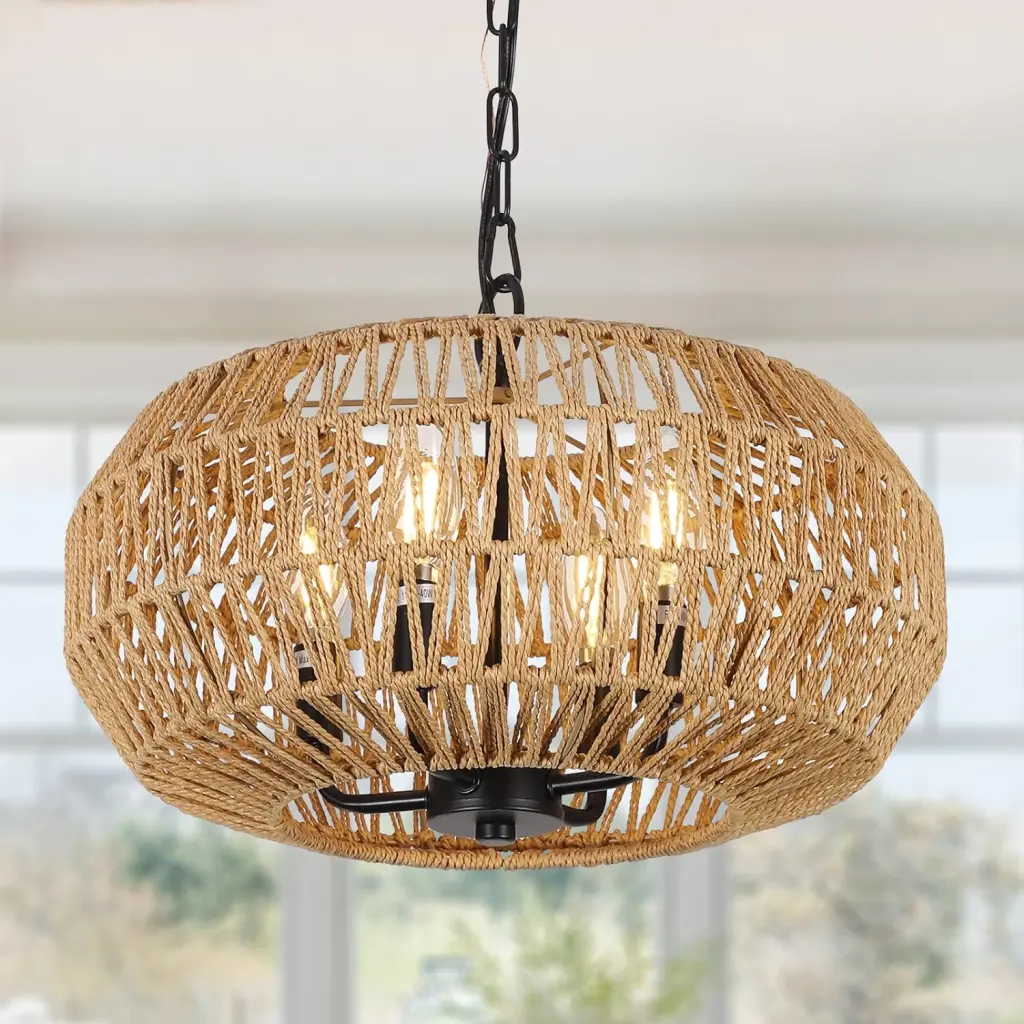 Farmhouse Rattan Pendant Lights 15.7 Inch 4 Light Boho Chandelier Dining Room dfzj lighting