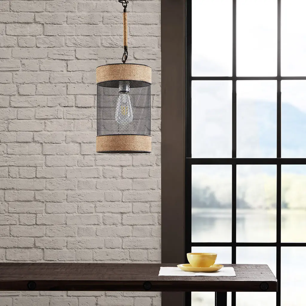Natural Rope And Metallic Mesh Cylinder Pendant Light Black Ferrous Metal jla