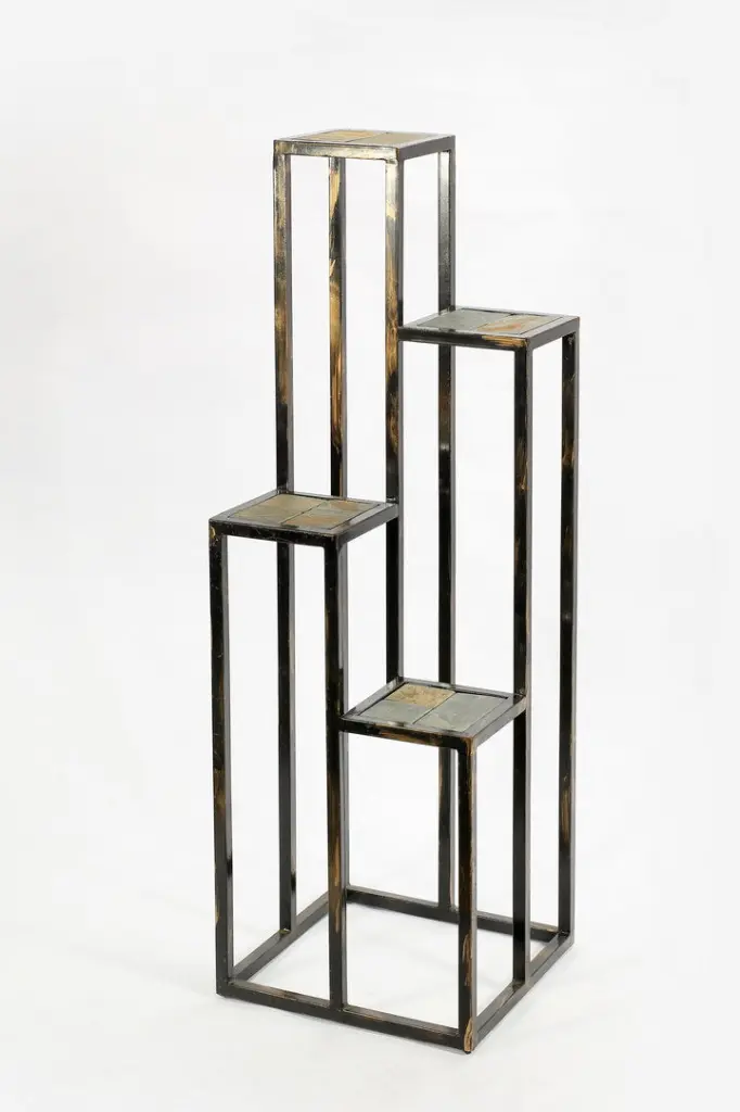 47.25 Inch 4 Tier Gray Marble Slab Black Metal Plant Stand Indoor Outdoor california home