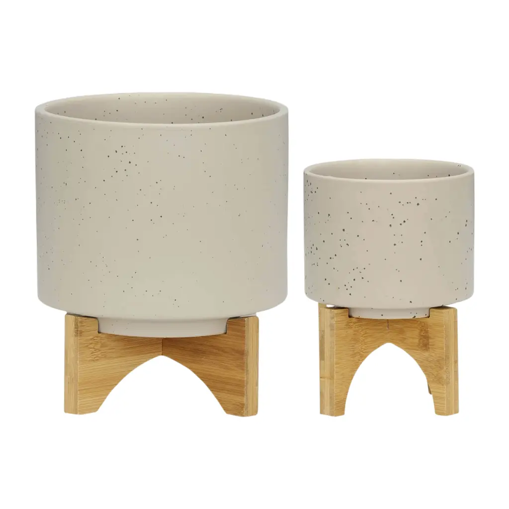 2.5 Inch Planter Timber Stand Matte Beige Porcelain homedecoraccessories