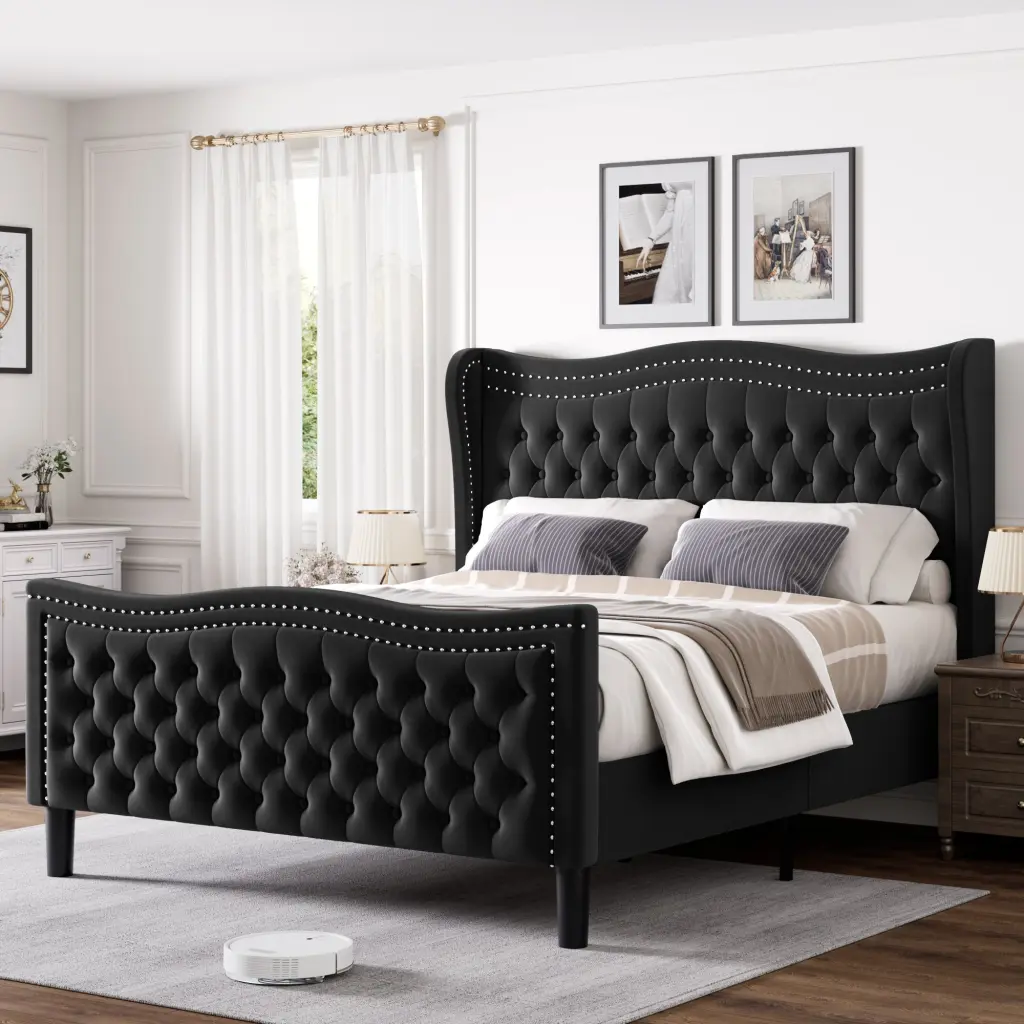 Lift Up Velvet Black Full Dimensions Bed Box Spring Not Required aobang furniture
