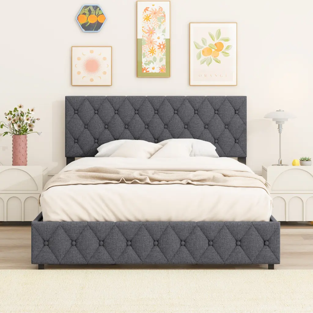 Full Dimensions Upholstered Platform Bed Frame 4 Storage Drawers bedepot
