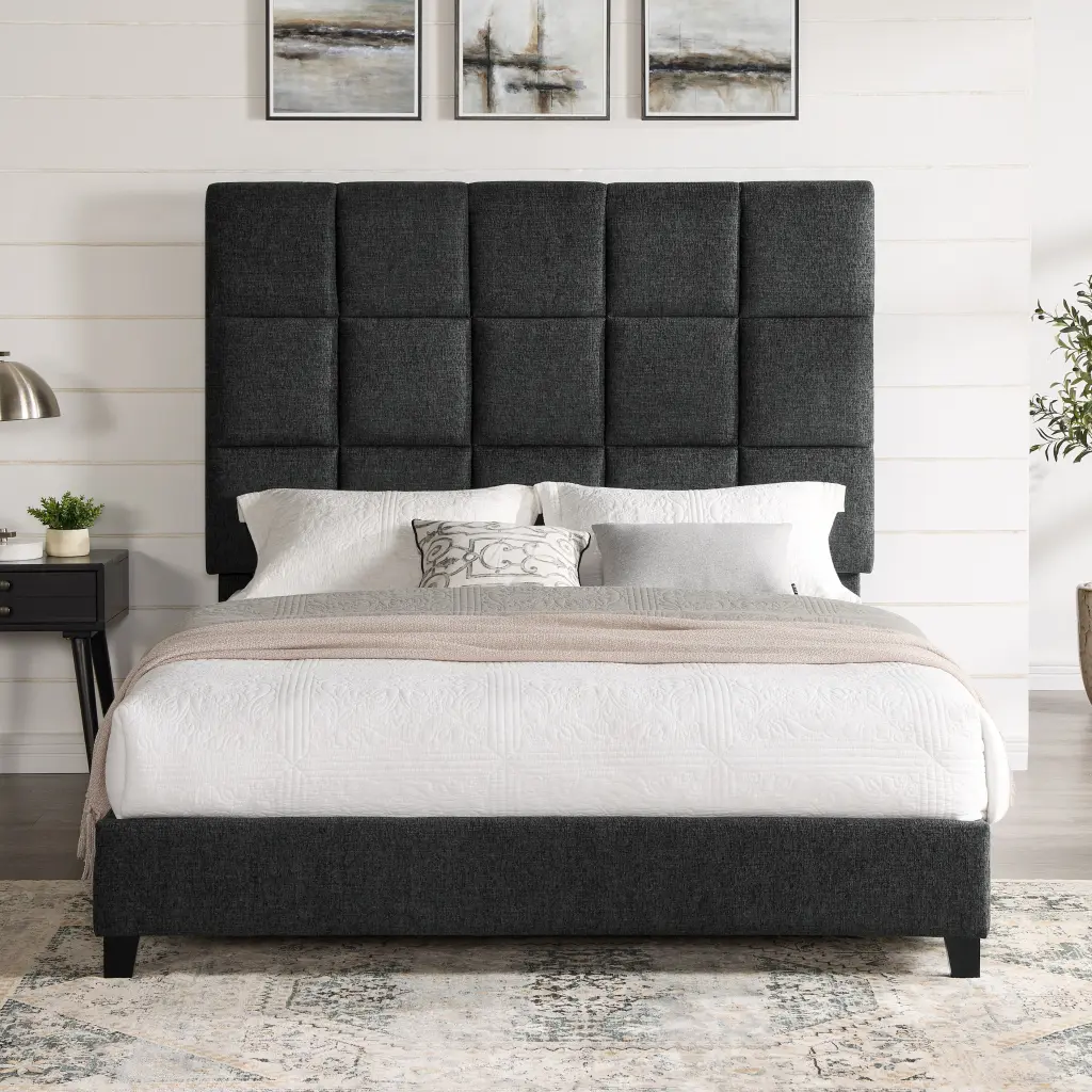 Queen Dimensions Grey Squares Upholstered Platform Bed Box Spring bridgevine home