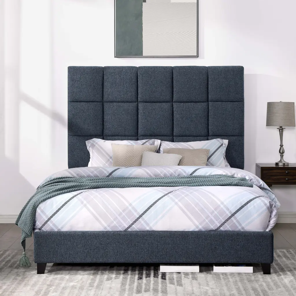 Queen Dimensions Navy Blue Denim Squares Upholstered Platform Bed Box Spring bridgevine home