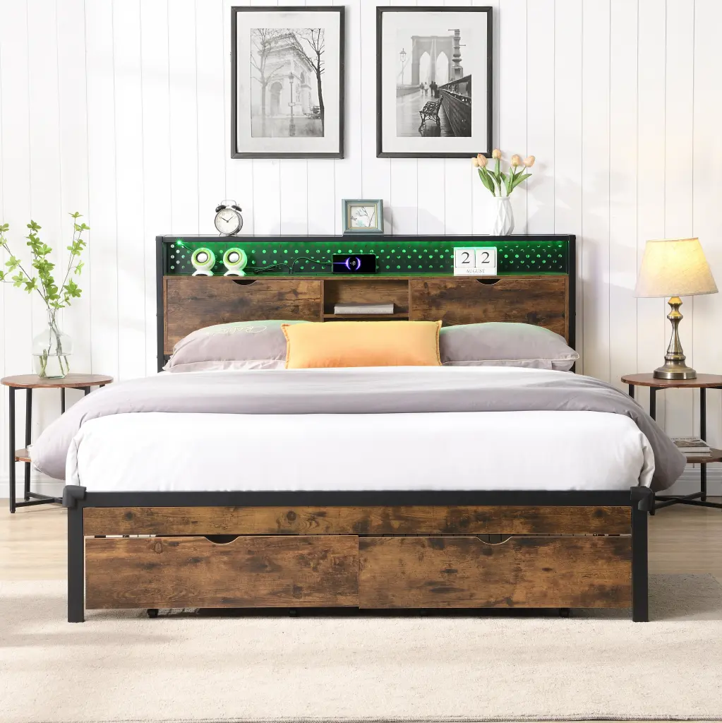 Queen Size Metal Platform Bed Frame Wooden Headboard And Footboard civilfurniture