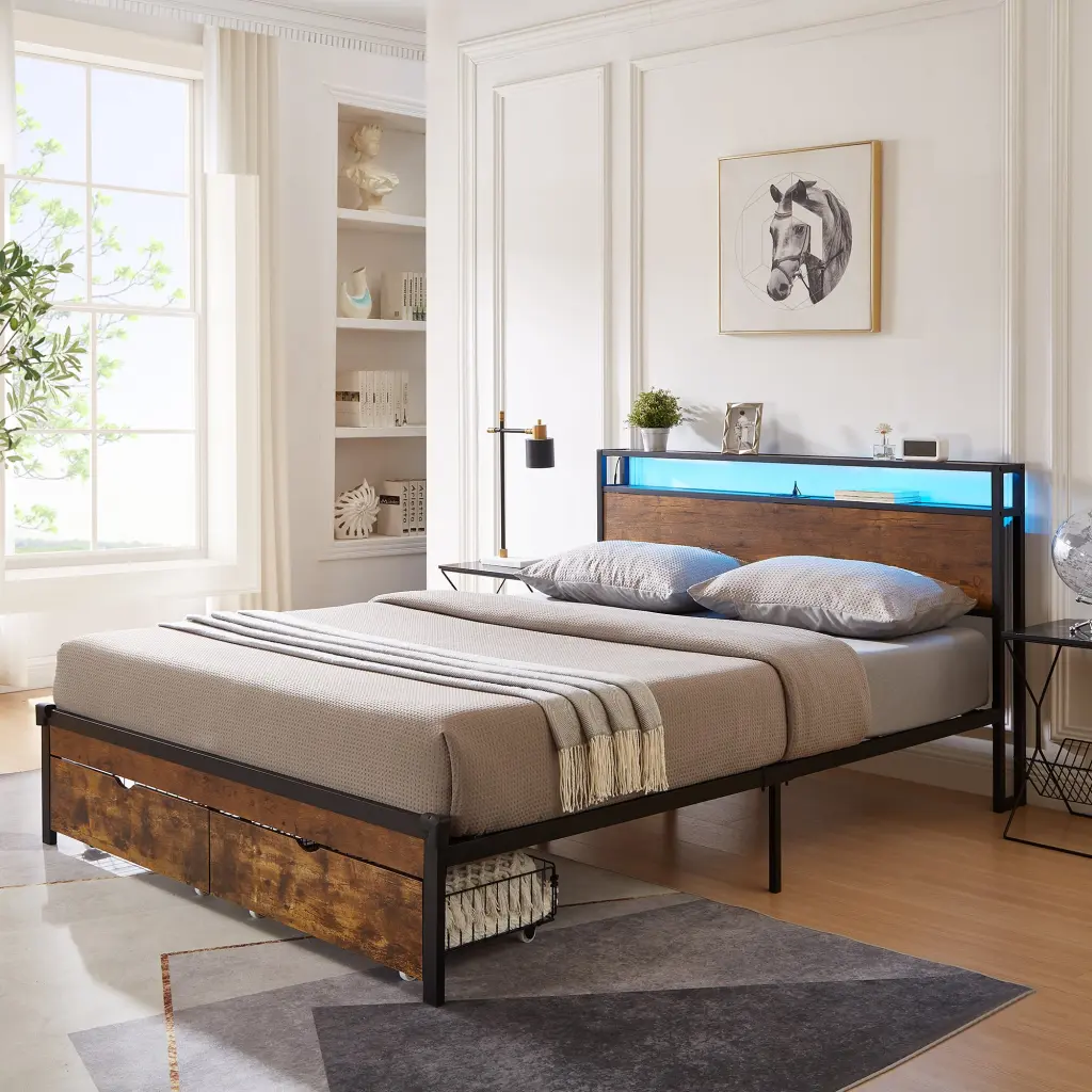Queen Size Metal Platform Bed Frame Wooden Headboard And Footboard civilfurniture