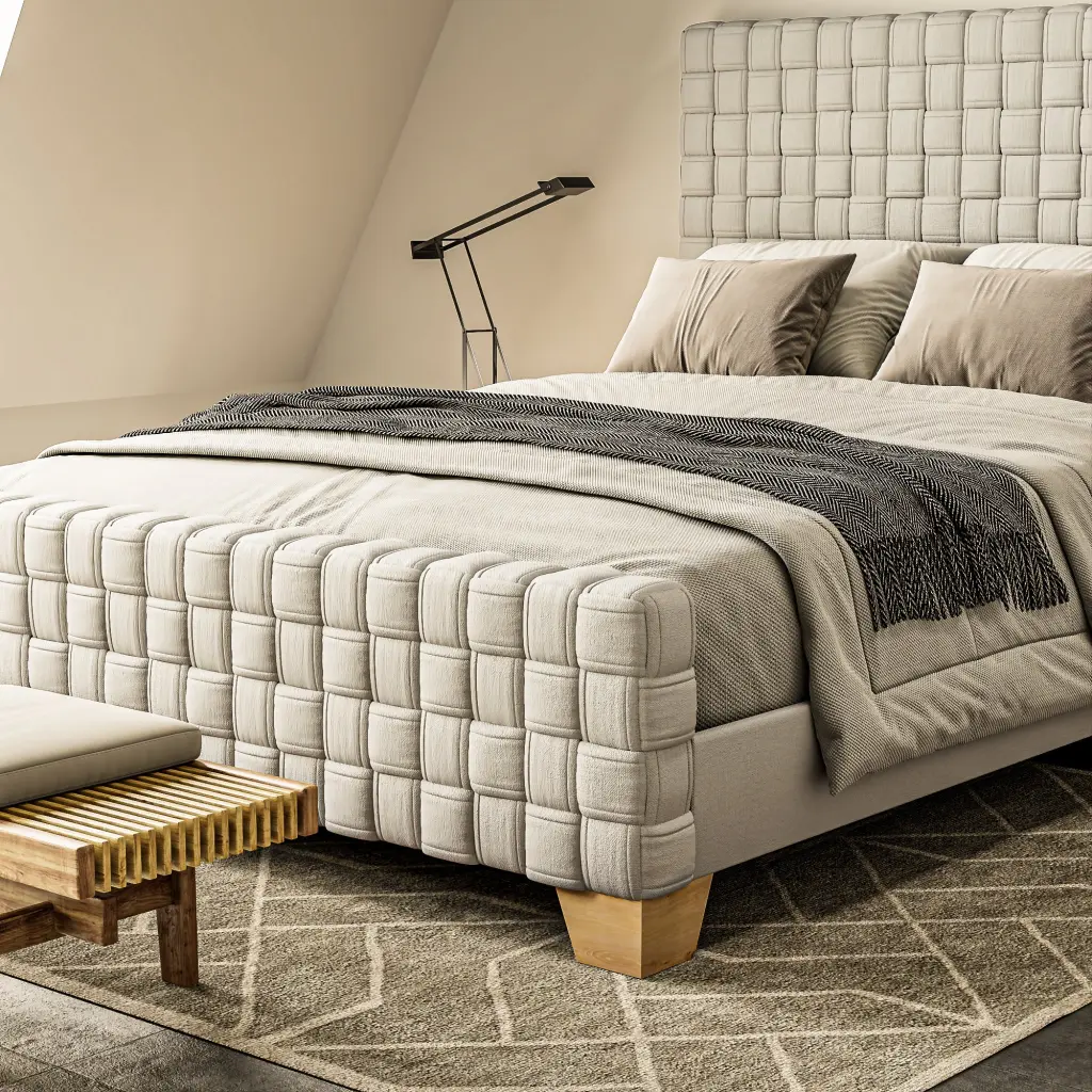 FX D1 Queen Bed Light Beige Hue Linen & Rubber Wood Natural Color factoryx