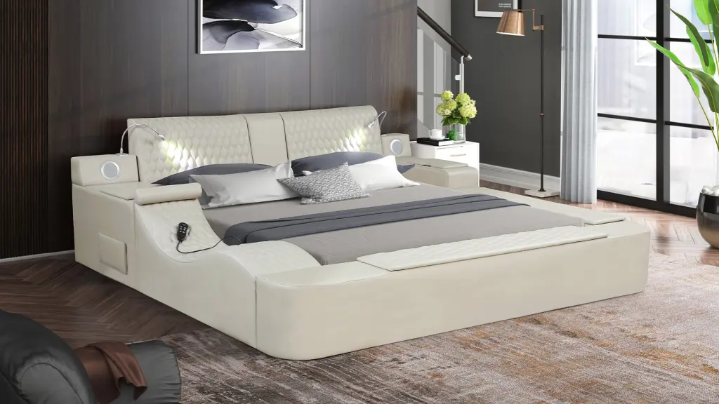 Zoya Multifunctional Queen Size Bed Wood Frame Beige Box Storage Platform Bed galaxy home furnishings
