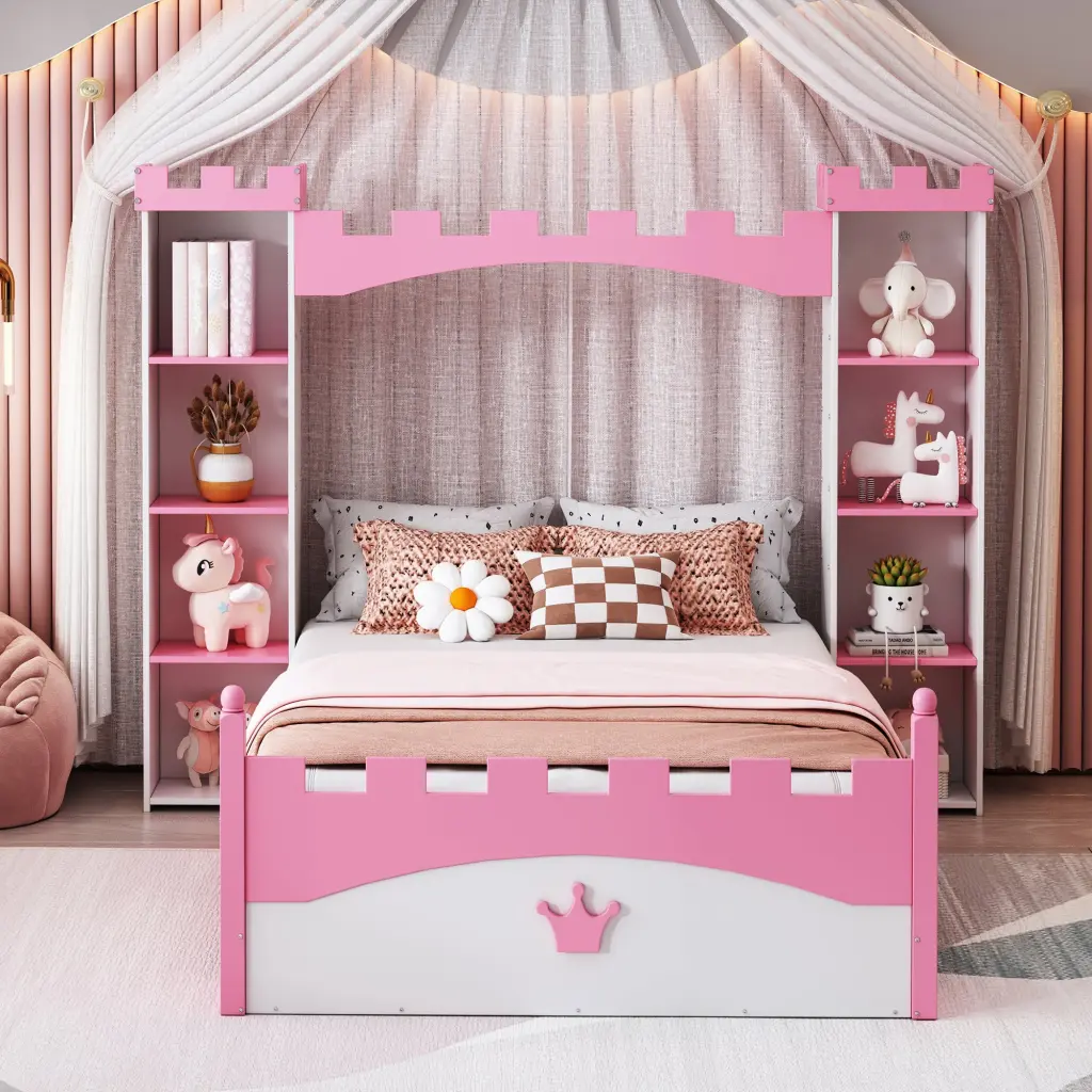 Castle-Inspired Twin Size Wooden Platform Bed Storage Shelf homey life