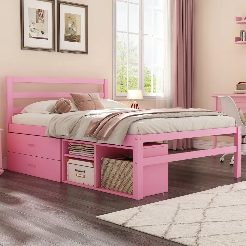 Full Size Wood Platform Bed Removable Storage Shelves homey life