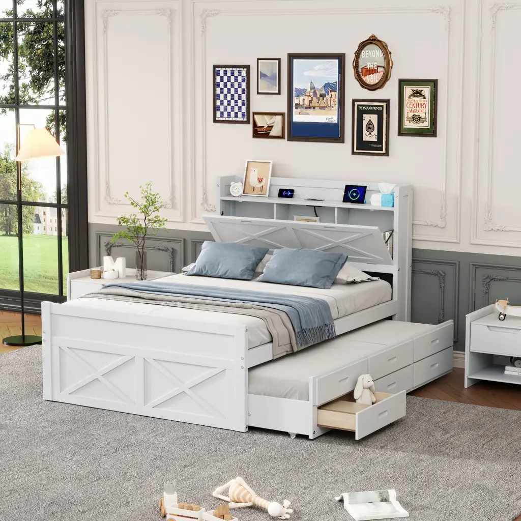 Full Size Wooden Bed Storage Headboard Outlets Extendable Design homey life