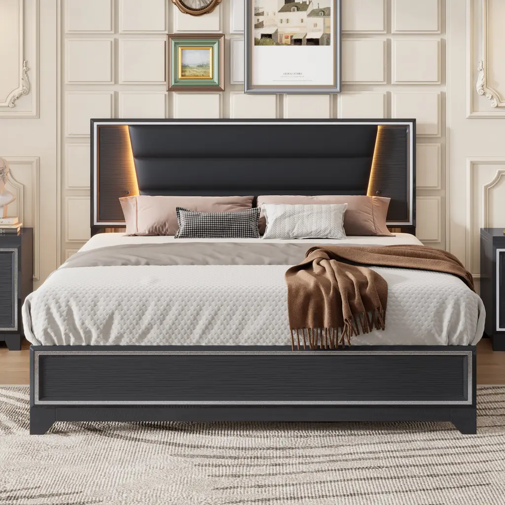 Queen Dimensions Pu Upholstered Bed Headboard Led Light Strips and Spacious Storage homey life