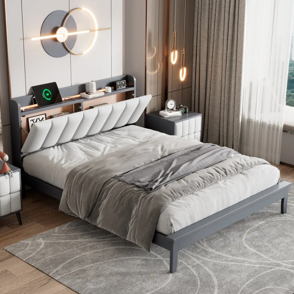 Queen Platform Bed USB Charging Station and Storage Upholstered Modern Bed Frame homey life