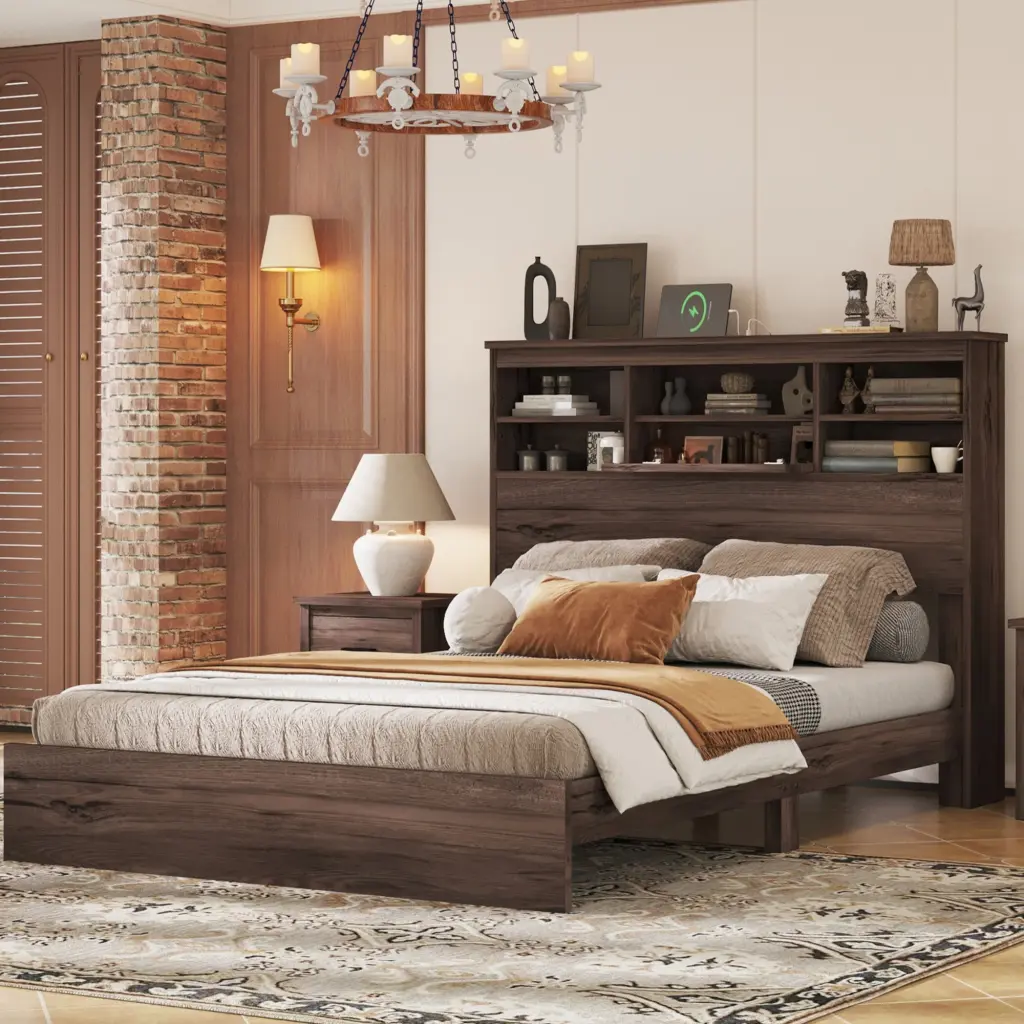 Queen Size Wooden Platform Bed Storage Headboard American Country Style homey life