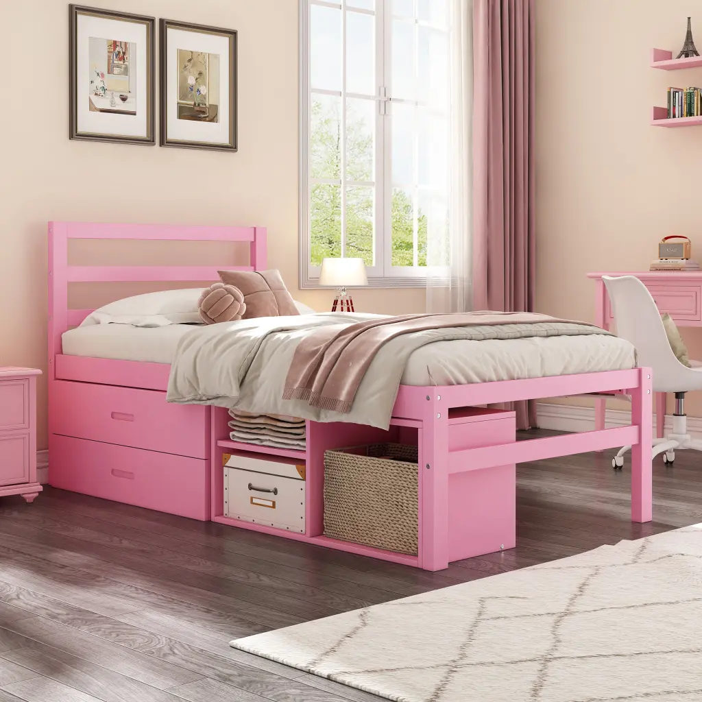 Twin Dimensions Timber Platform Bed Removable Storage Shelves and Built- Drawers homey life