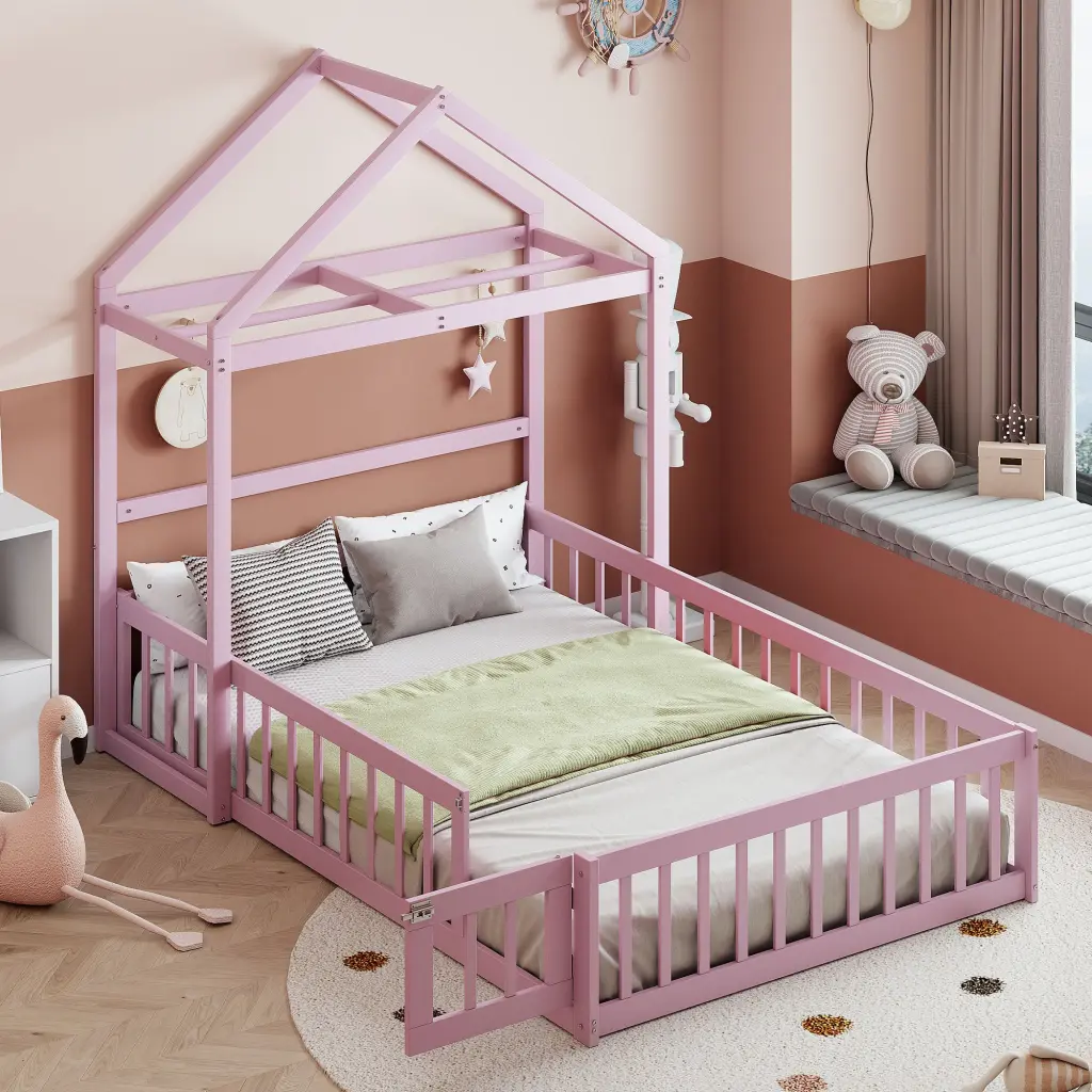 Wooden Floor Bed Fence Railings Detachable Headboard Twin Size homey life