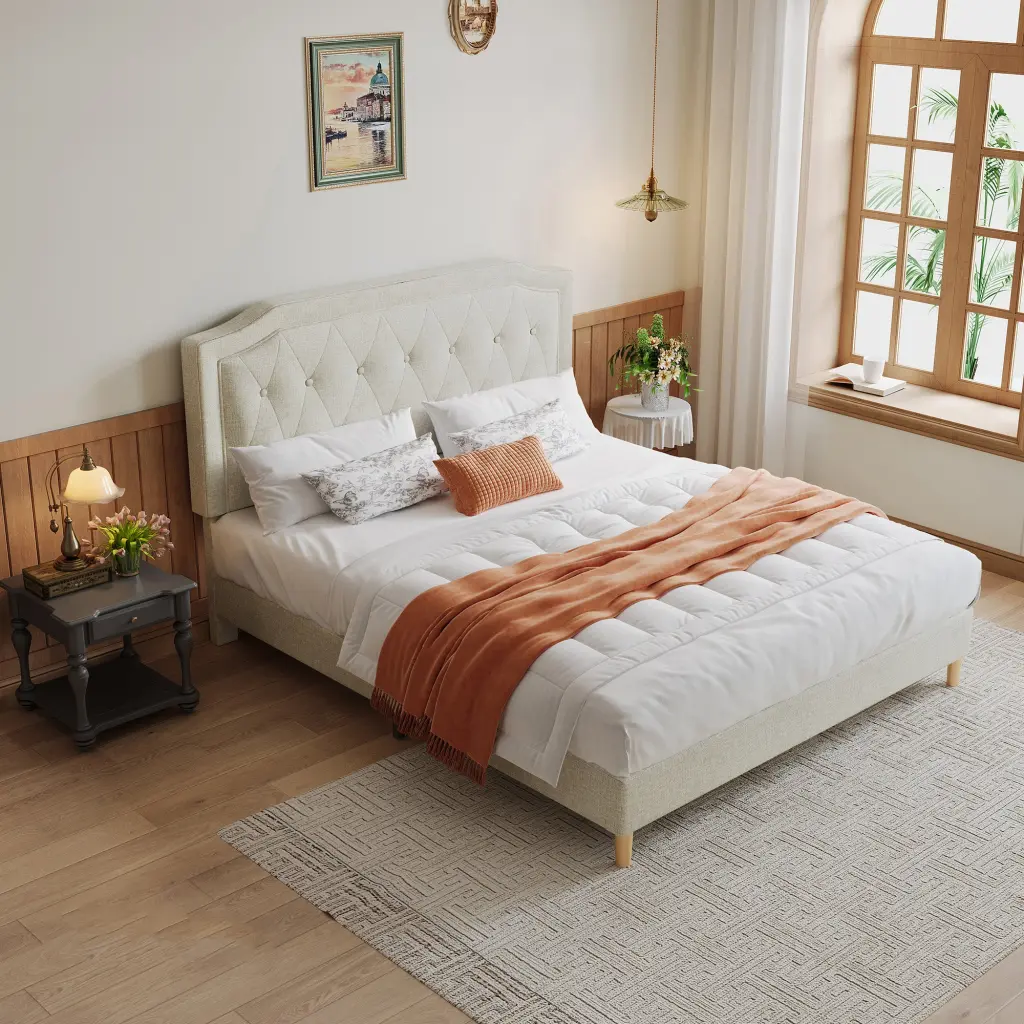 Queen Size Cotton Linen Mesh Mounted Bed Stable Easy To Assemble hx-furniture