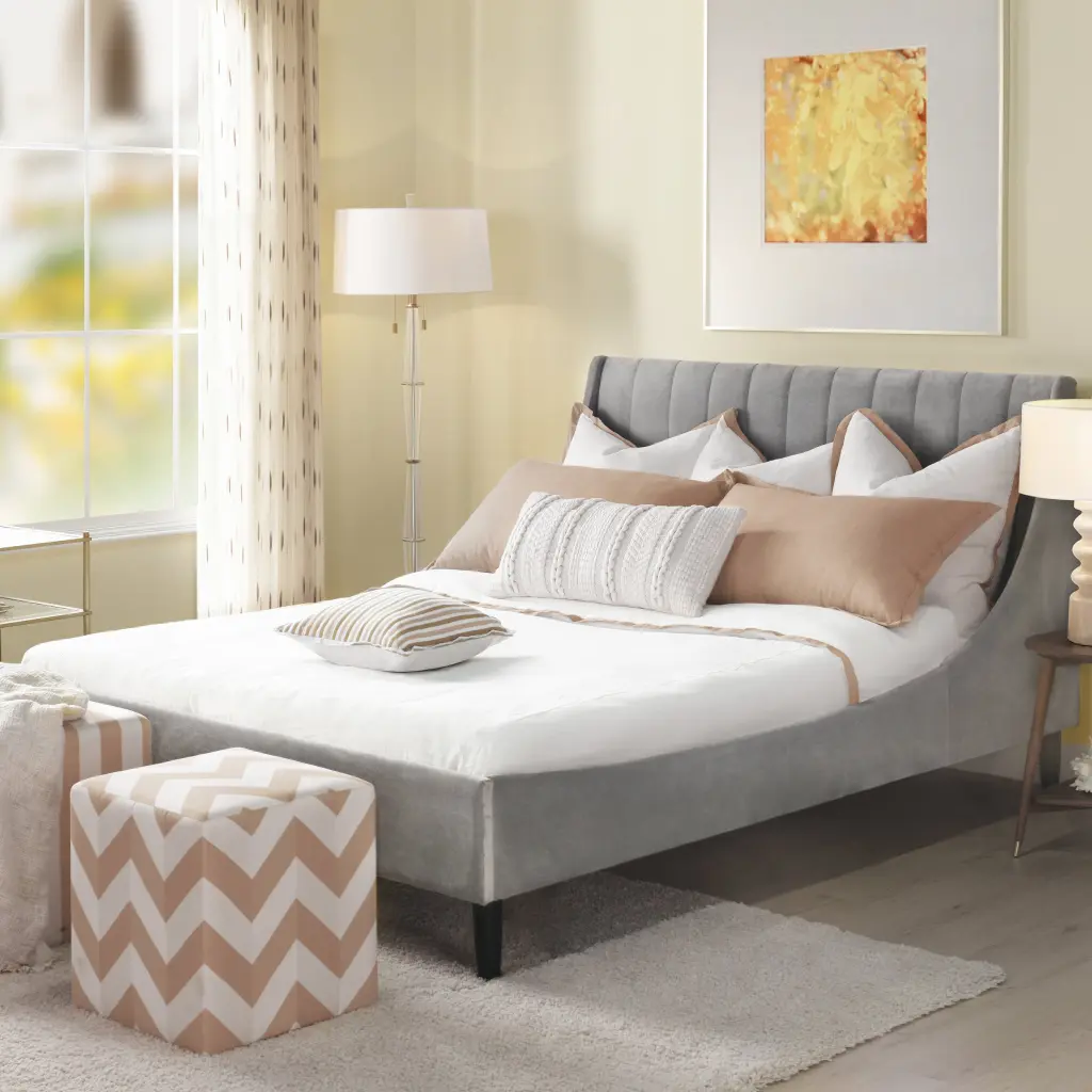 Aspen Vertical Tufted Modern Headboard Platform Bed Set Queen Size Opal Gray jennifer taylor home