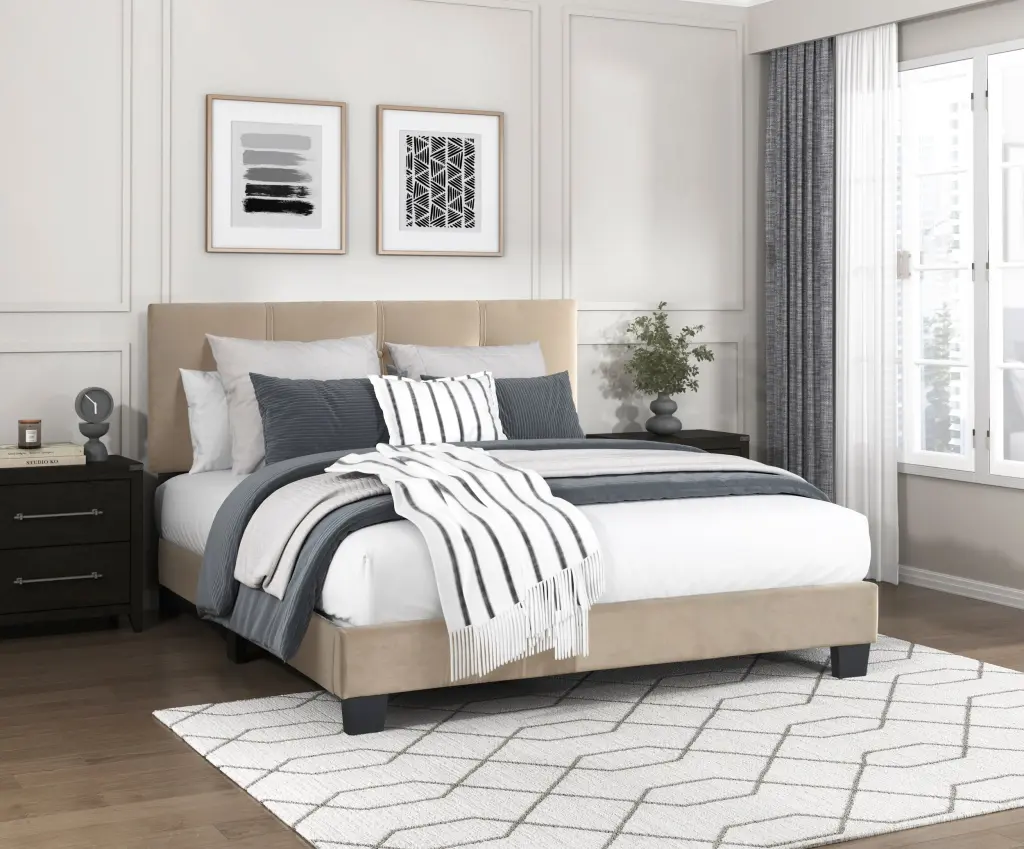 1Pc Full Platform Bed Light Brown Velvet Upholstered Customizable Height kanepe