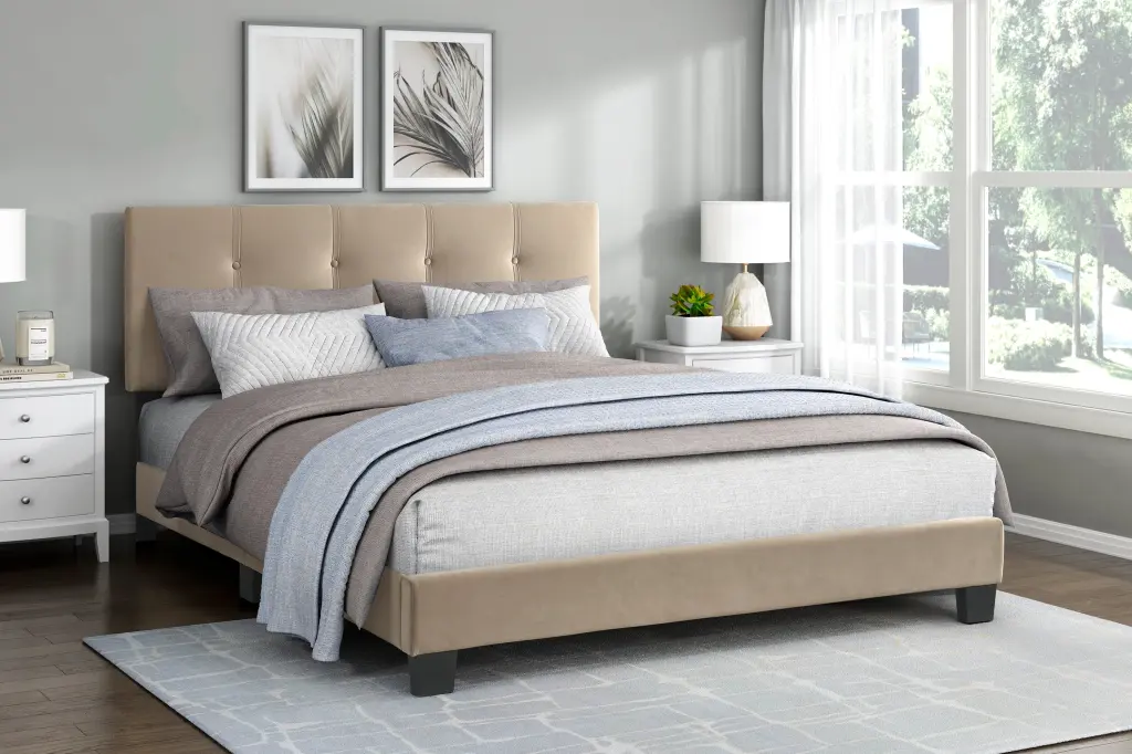 1Pc Queen Platform Bed Light Brown Velvet Upholstery Customizable Height kanepe
