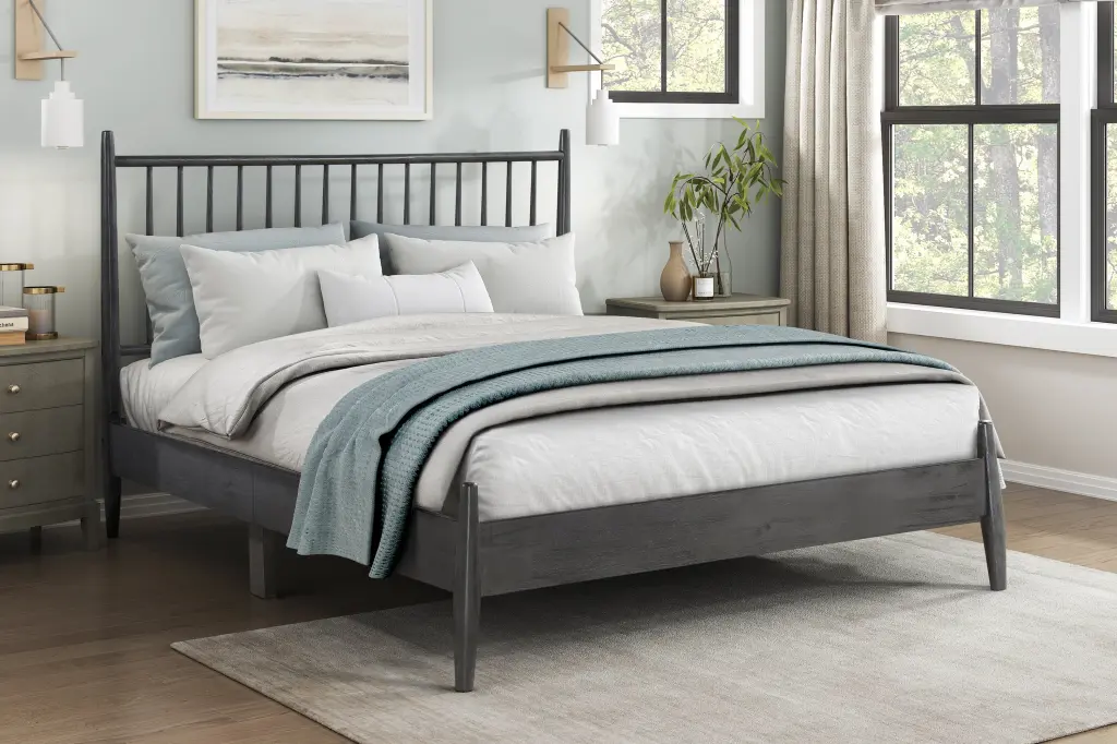 Mid Century Modern Design Queen Platform Bed Gray Finish Wooden Frame kanepe