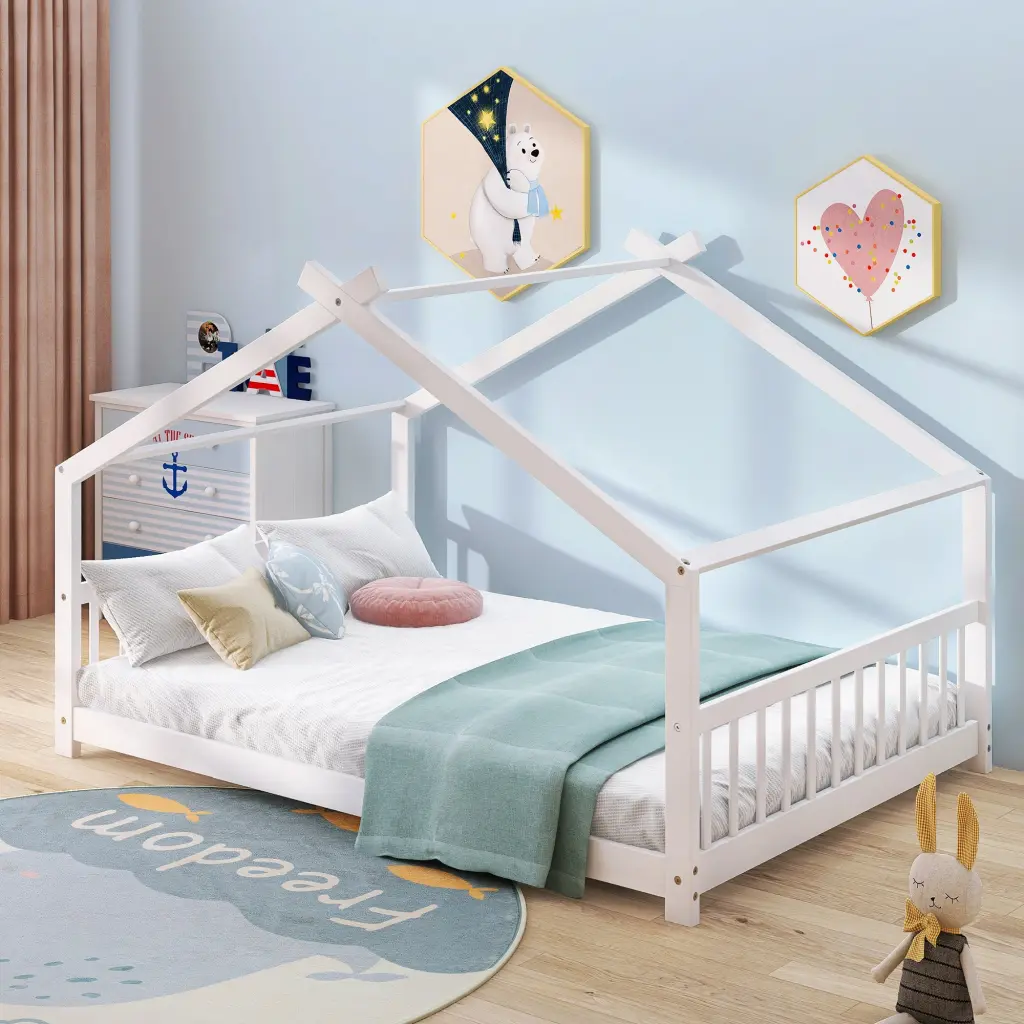 Full Dimensions Houtilize Bed White Solid Wood Platform Bed Frame lucky furniture
