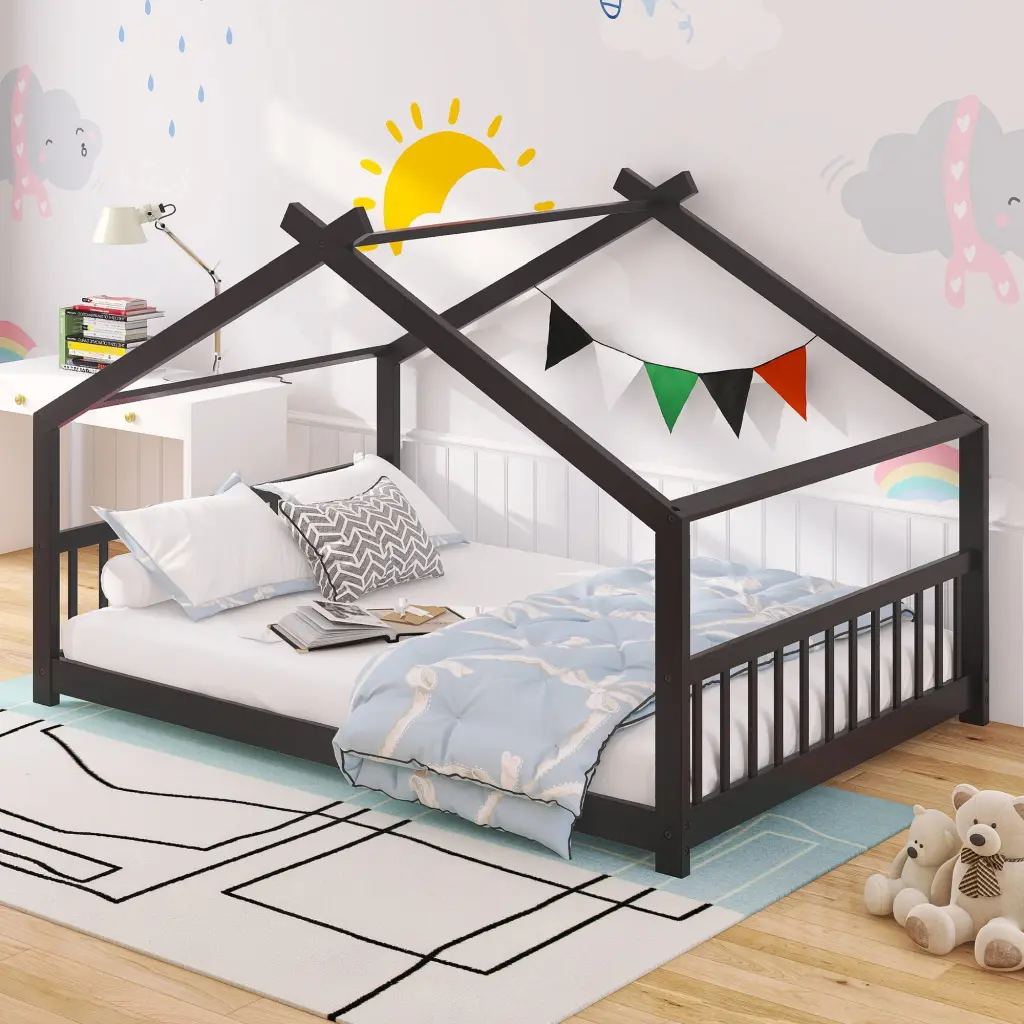 Full Dimensions Houtilize Bed Wood Bed Espresso Solid Wood Construction lucky furniture