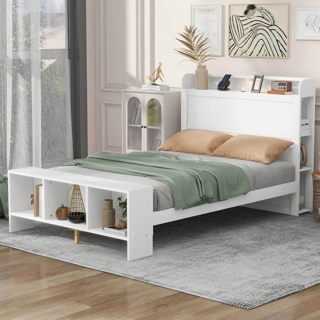 Full Size Platform Bed Constructed Shelves LED Light And USB Ports lucky furniture