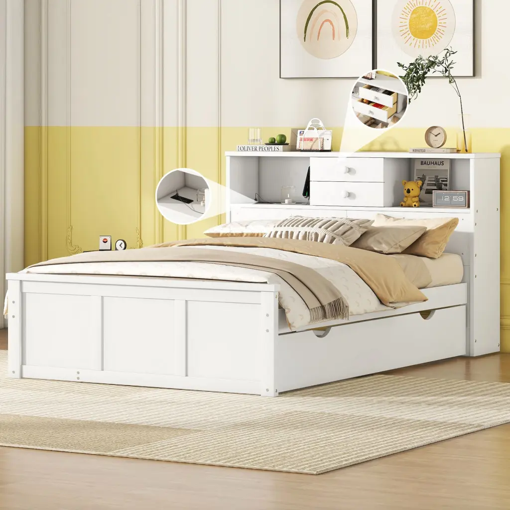 Full Size Wood Platform Bed Twin Trundle 3 Drawers Upper Shelf Storage lucky furniture