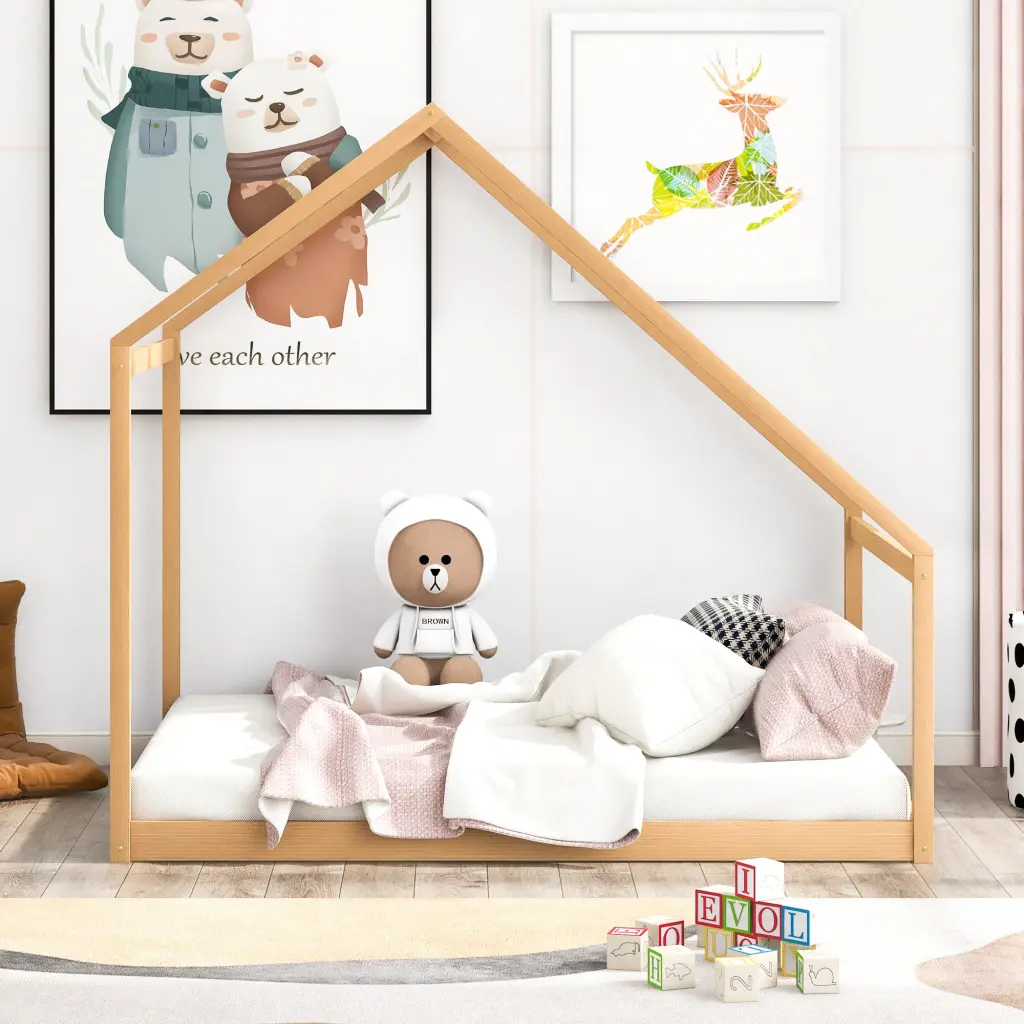 Full Size Wooden Utilize Bed Frame Natural Solid Wood Platform Bed lucky furniture