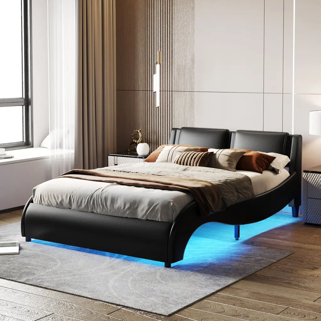 Queen Dimensions Upholstered Faux Hide Platform Bed Led Light Bed Frame Modern lucky furniture
