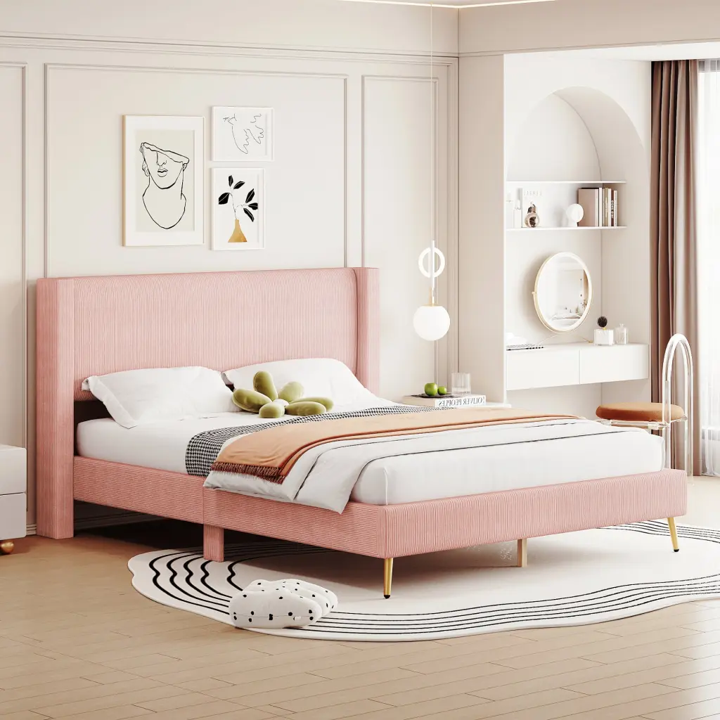 Queen Size Corduroy Platform Bed Metal Legs Pink lucky furniture