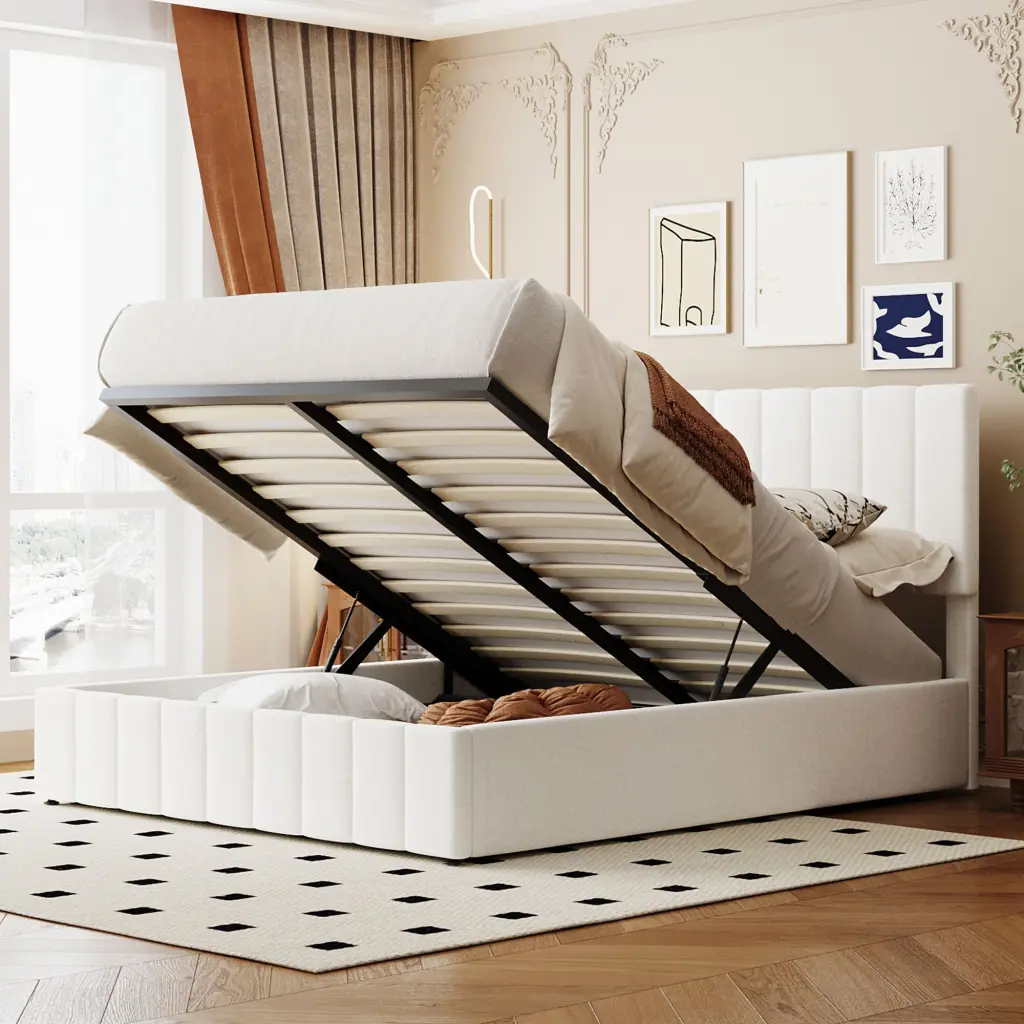 Queen Size Upholstered Platform Bed Hydraulic Storage System White Fabric Frame lucky furniture