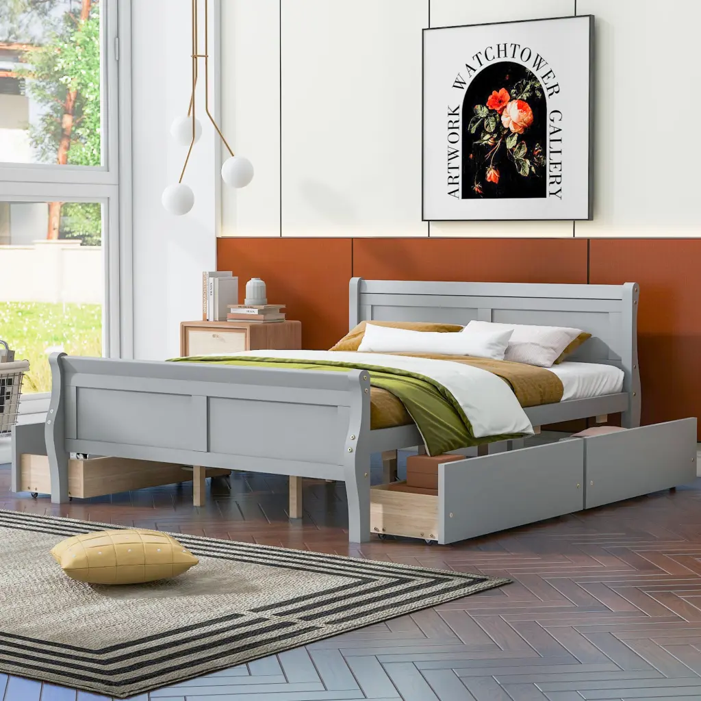 Queen Size Wood Platform Bed 4 Drawers and Simplified Headboard lucky furniture