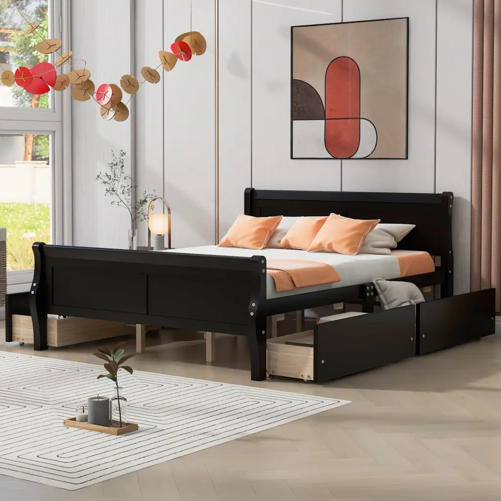 Queen Wood Platform Bed 4 Drawers and Simplified Headboard Bedroom lucky furniture