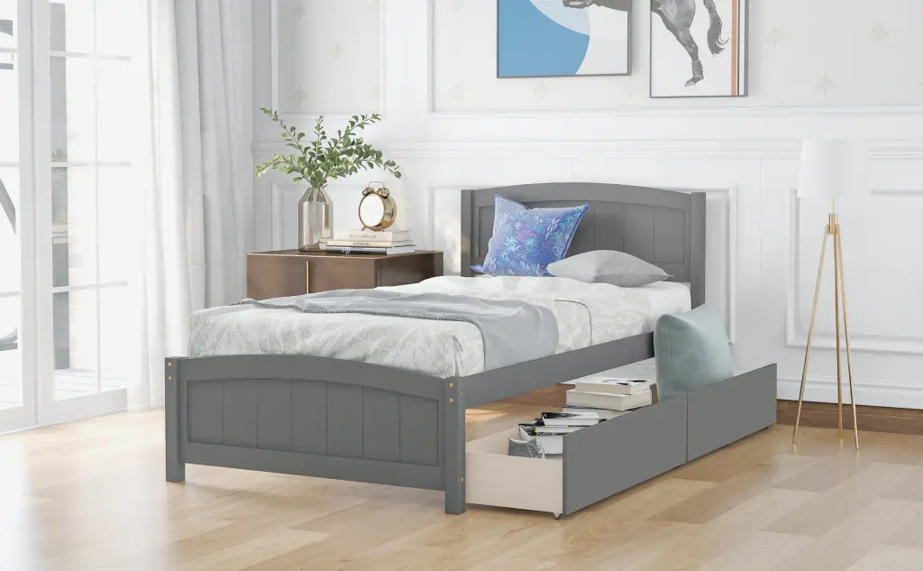 Twin Platform Bed Two Drawers Gray Solid Wood Frame lucky furniture