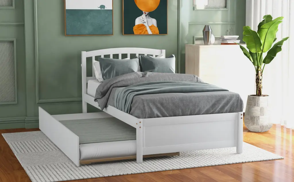 Twin Platform Bed Wood Bed Frame Trundle White Solid Construction lucky furniture