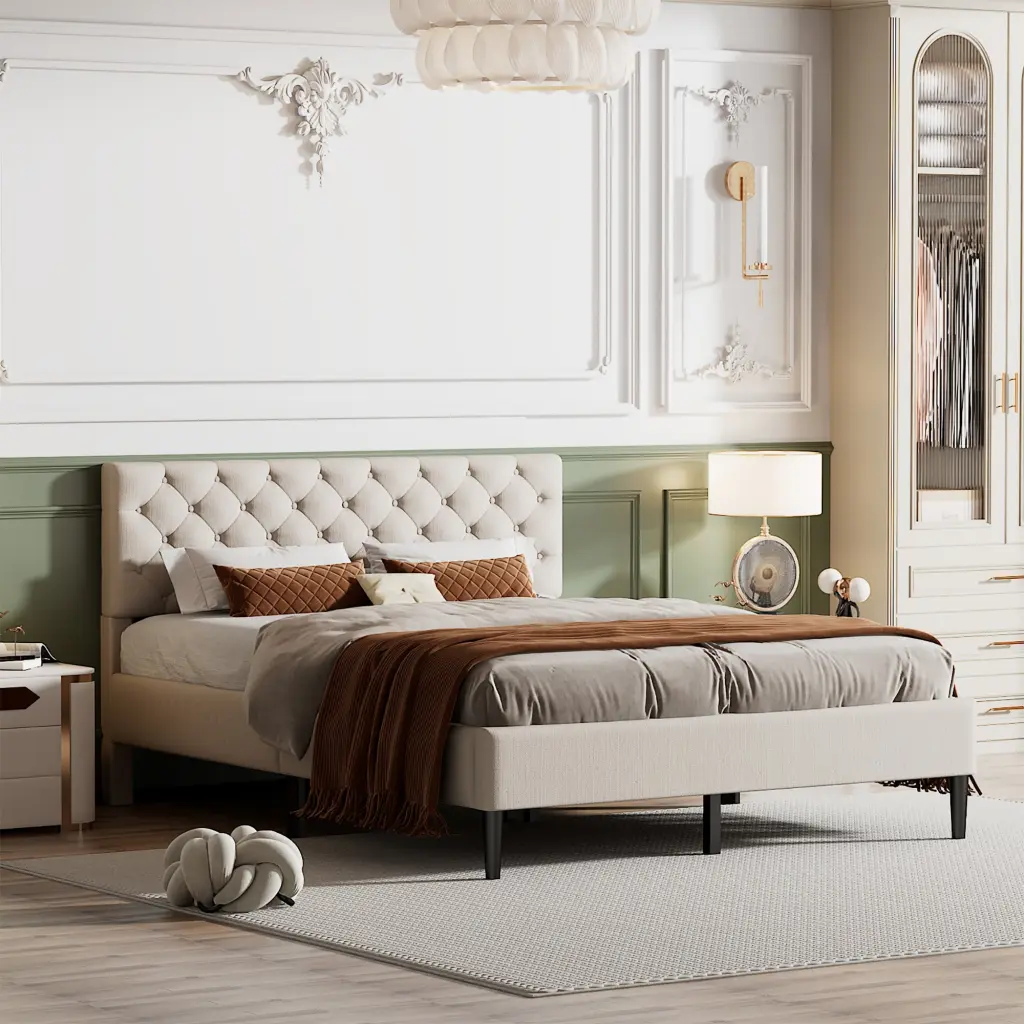 Upholstered Linen Platform Bed Queen Size Beige Linen Fabric lucky furniture