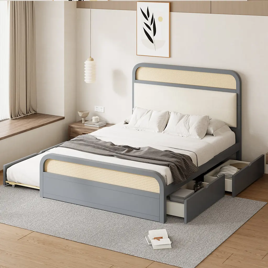 Queen Size Timber Platform Bed Trundle and 2 Drawers Gray lucky home