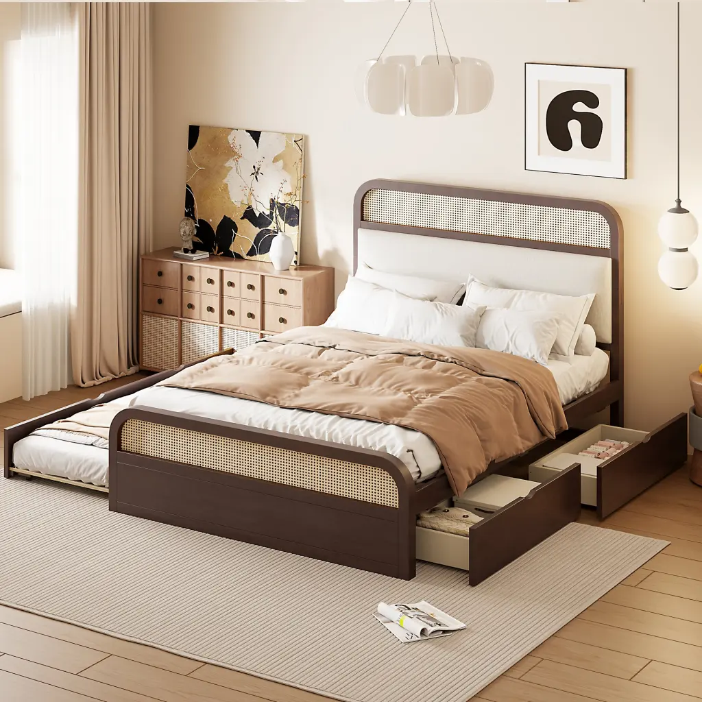 Queen Size Timberen Platform Bed Trundle and 2 Drawers Espresso lucky home