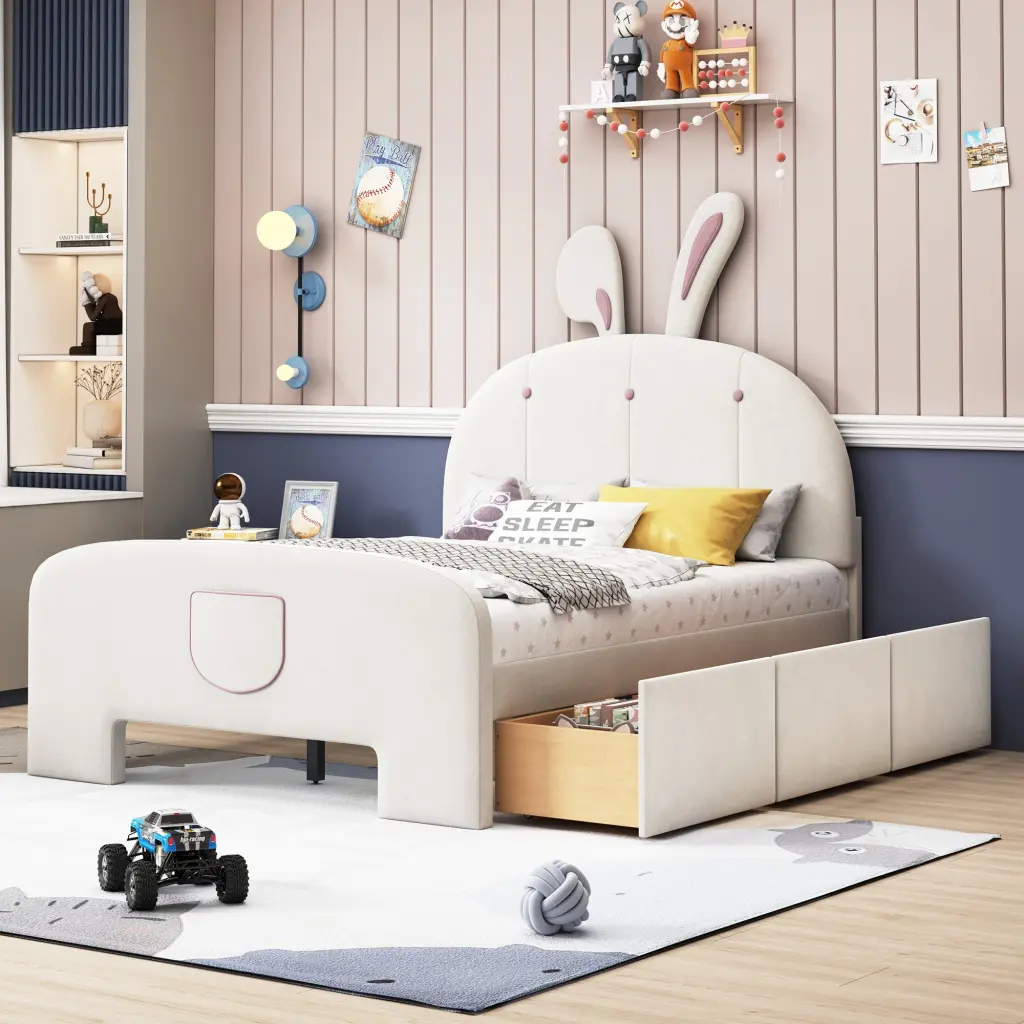 Full Size Velvet Platform Bed Rabbit Shaped Headboard And Drawers lucky world