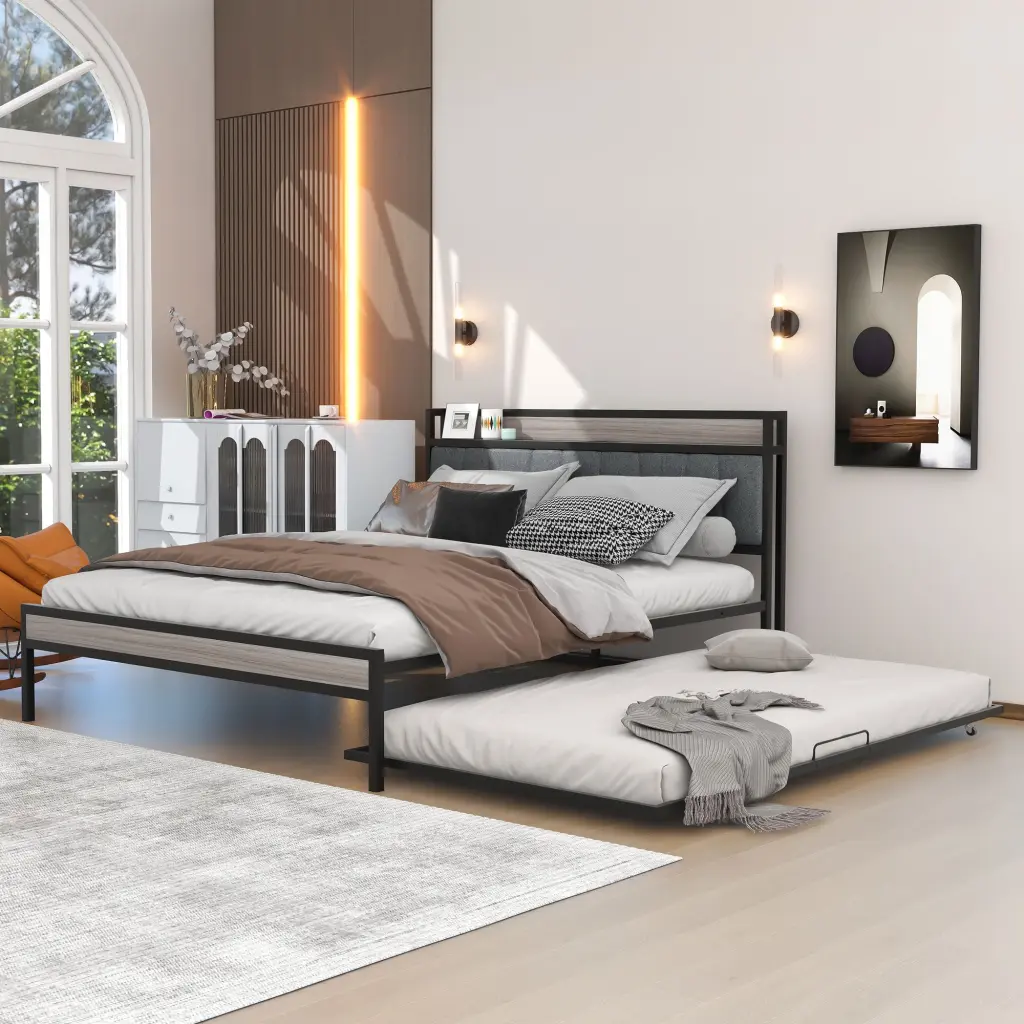 Queen Dimensions Metallic Platform Bed Frame Twin Dimensions Trundle Upholstered Bed lucky world