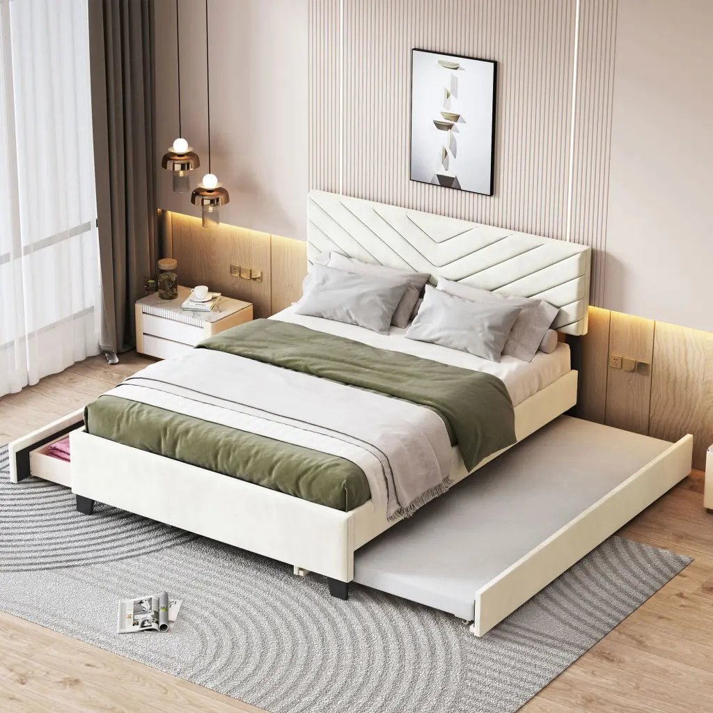 Queen Dimensions Upholstered Platform Bed Twill Headboard and Pullout Bed lucky world