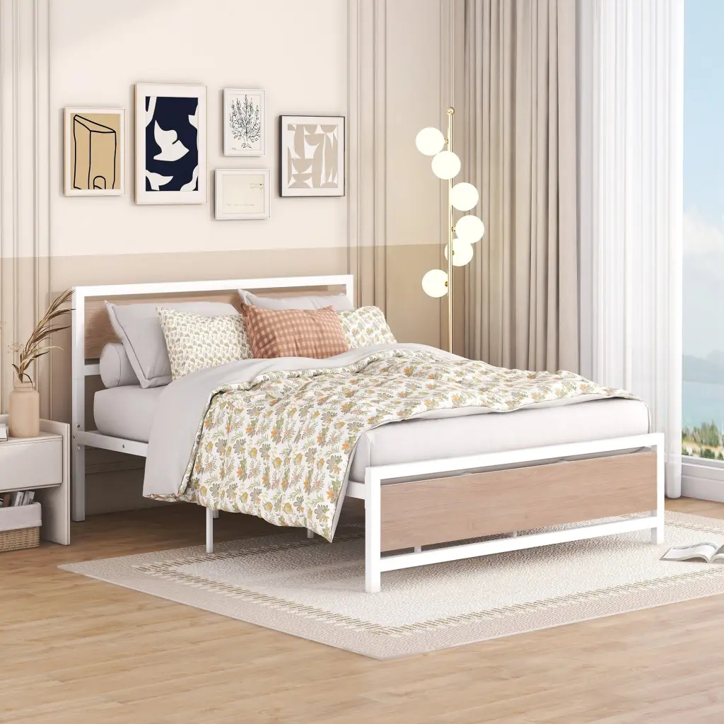 Queen Platform Bed Metallic Timber Bed Frame Headboard Modern Design lucky world